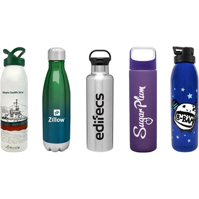 diverse soorten waterflessen met logo