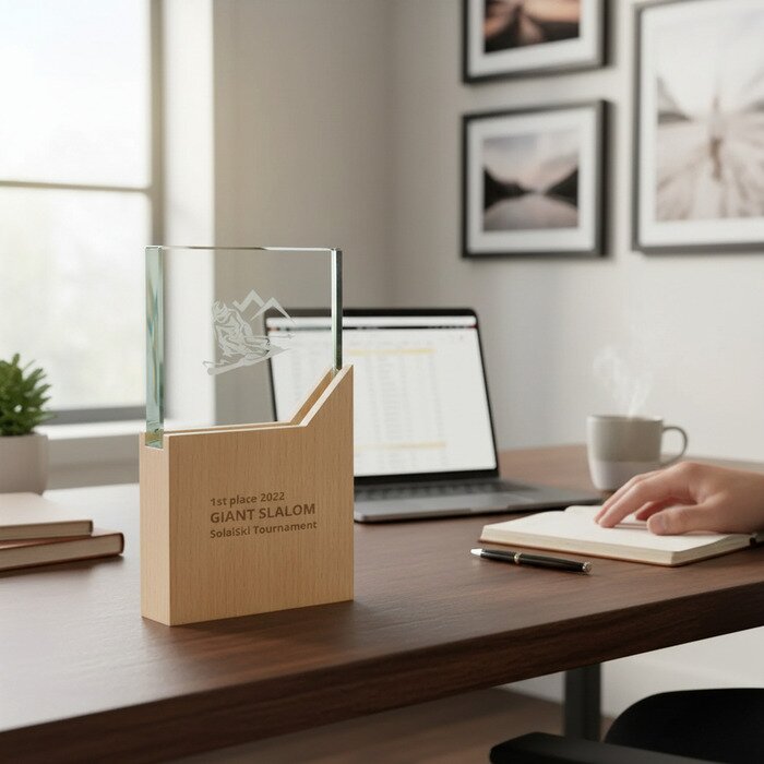 gepersonaliseerde trofee op bureau