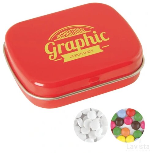 Scharnierblik met snoepjes Rood