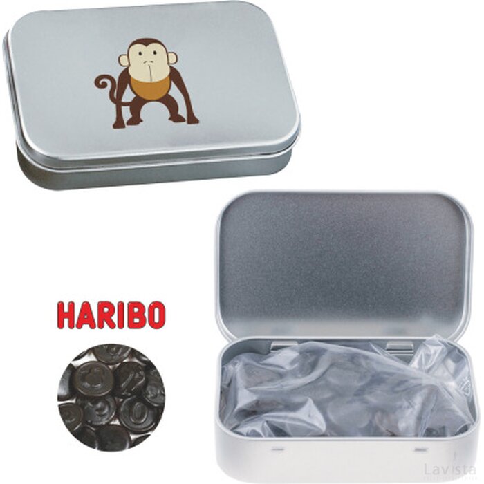 Scharnierblik met ca. 60 gr. Haribo dropgeld zilver