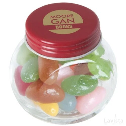Kleine glazen pot gevuld met snoep Rood