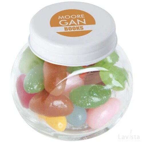 Kleine glazen pot gevuld met snoep Wit
