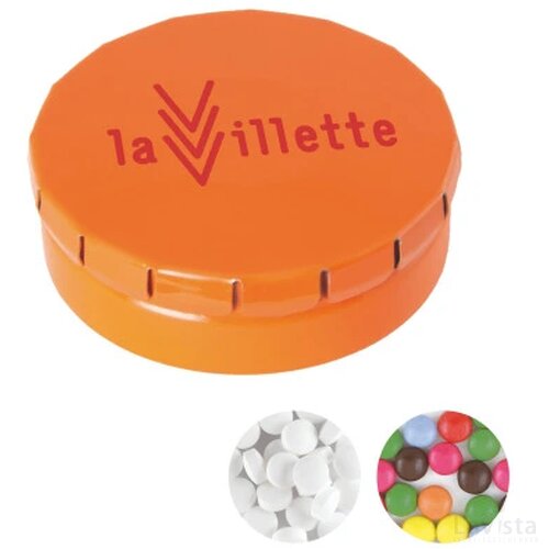 Rond click clack blik 45 mm. ø x 15 mm. met ca. 12 gr. mintjes Oranje