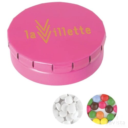 Rond click clack blik 45 mm. ø x 15 mm. met ca. 12 gr. mintjes Roze