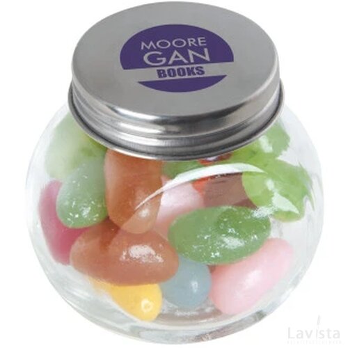 Kleine glazen pot gevuld met snoep Zilver