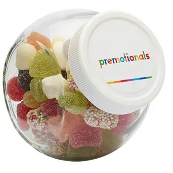 Glazen snoeppot 395 ml wit kunststof deksel gevuld met snoep categorie BASIS transparant