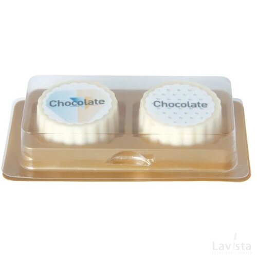 Logobonbon van witte chocolade met hazelnoot praline, rechthoekig of rond, opdruk tot in full colour, per 2 stuks verpakt custom made