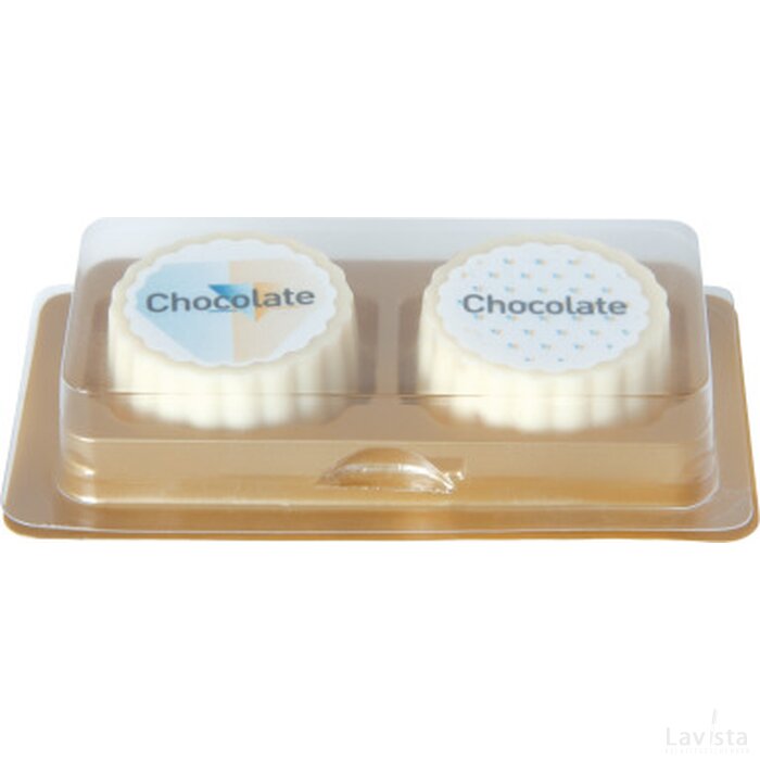 Logobonbon van witte chocolade met hazelnoot praline, rechthoekig of rond, opdruk tot in full colour, per 2 stuks verpakt custom made