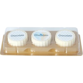 Logobonbon van witte chocolade met hazelnoot praline, rechthoekig of rond, opdruk tot in full colour, per 3 stuks verpakt custom made