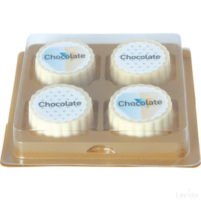 Logobonbon van witte chocolade met hazelnoot praline, rechthoekig of rond, opdruk tot in full colour, per 4 stuks verpakt custom made