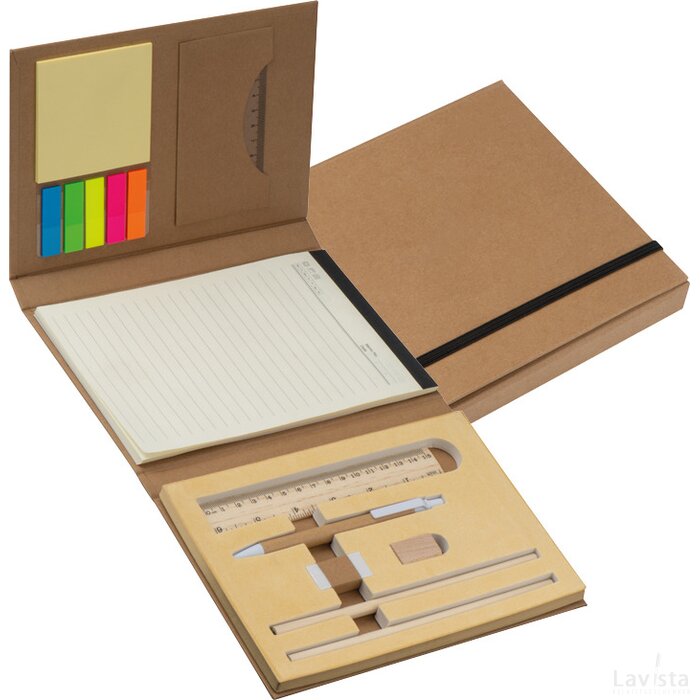 Schrijfmap met kartonnen kaft, lineal,schrijfblok en zelfklevende memoblaadjes bruin
