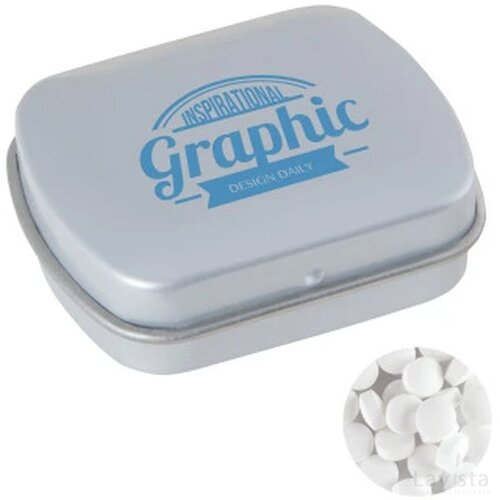Klein blik met ca. 10 gr. extra strong mints lichtgrijs