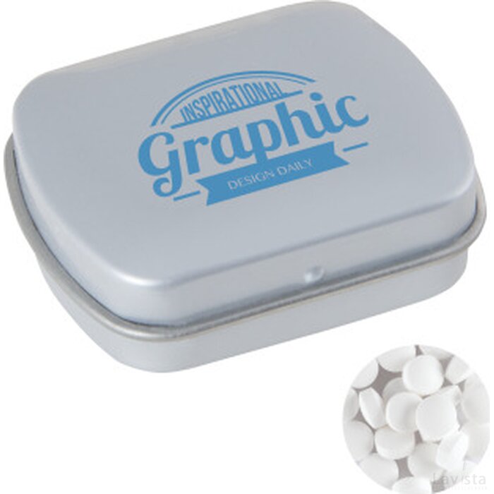 Klein blik met ca. 10 gr. extra strong mints lichtgrijs