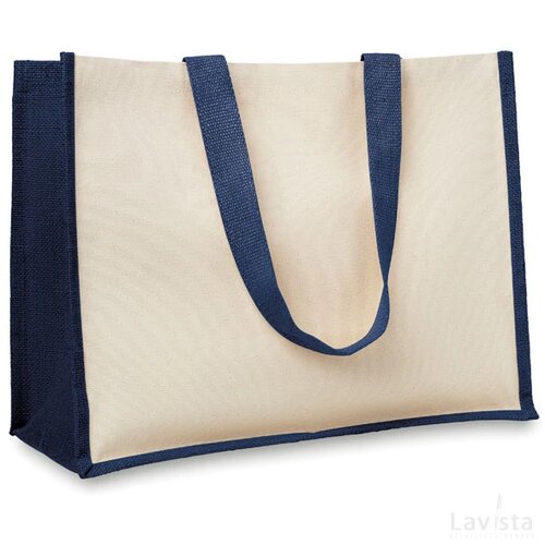 Jute/canvas boodschappentas Campo de fiori blauw