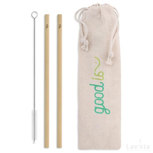 Bamboo rietjes en borstel set Natural straw beige