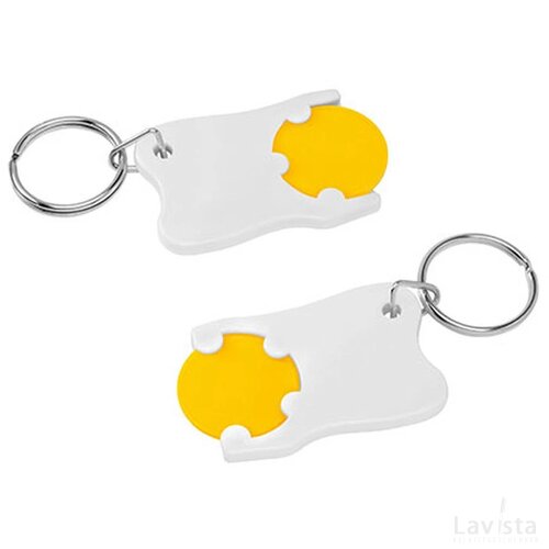 Sleutelhanger tand met winkelwagenmuntje geel