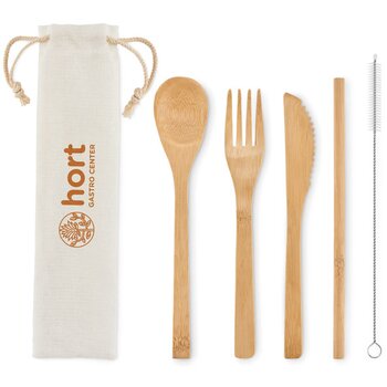 Bamboe bestekset met rietje Beige