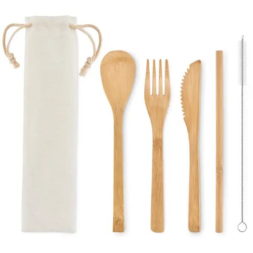 Bamboe bestekset met rietje Beige