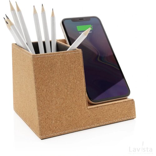 Kurken pen houder met 5W draadloze oplader khaki