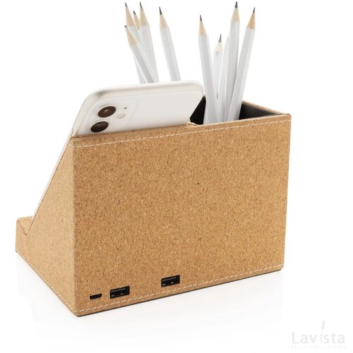 Kurken pen houder met 5W draadloze oplader khaki