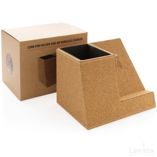 Kurken pen houder met 5W draadloze oplader khaki