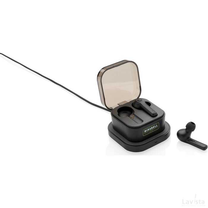 TWS oordoppen in oplaadcassette en draadloze oplader zwart