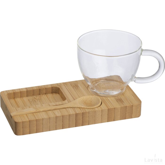 Koffie/ Thee setje met een bamboe serveerplankje en bamboe lepel beige