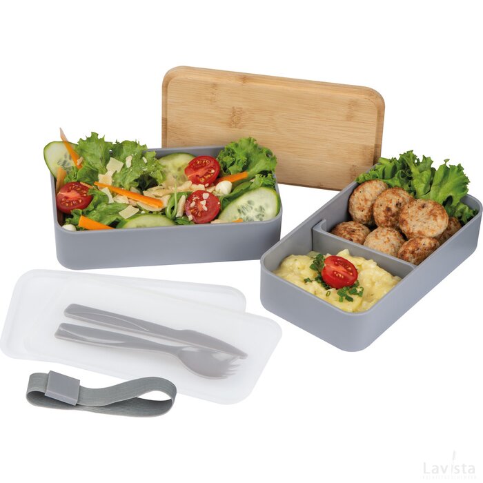 Dubbel-laags lunchbox van PP en bamboe grijs silvergrey zilvergrijs