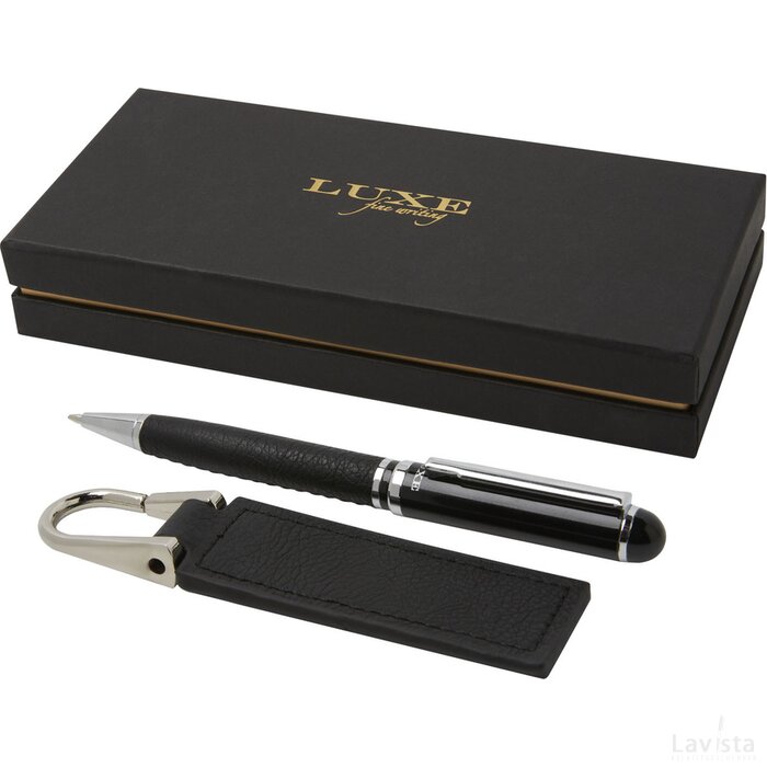 Verse geschenkset met balpen en sleutelhanger Zwart
