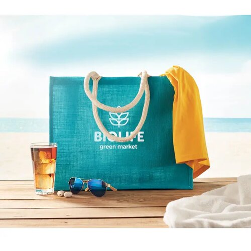 Jute tas met katoenen hengsels Aura turquoise