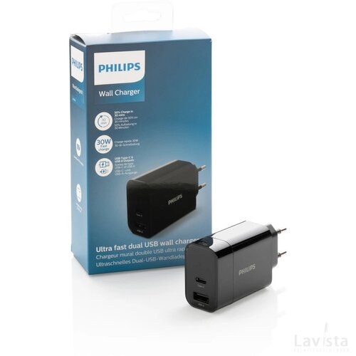 Philips 30W snellader met dual output en PD zwart