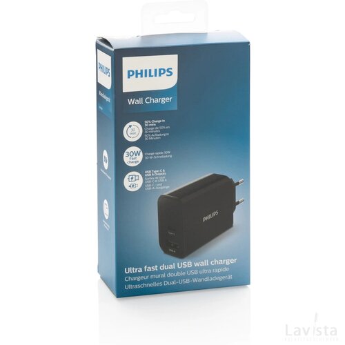 Philips 30W snellader met dual output en PD zwart