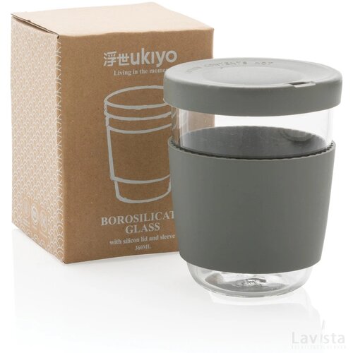 Ukiyo borosilicaat glas met siliconen deksel en sleeve grijs