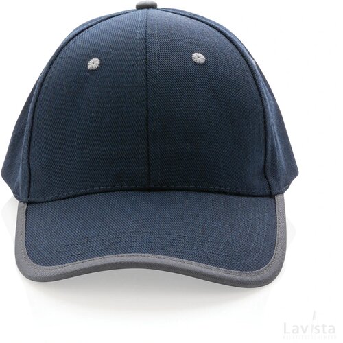Impact AWARE™ 6 panel 280gr recycled katoen cap met bies donkerblauw