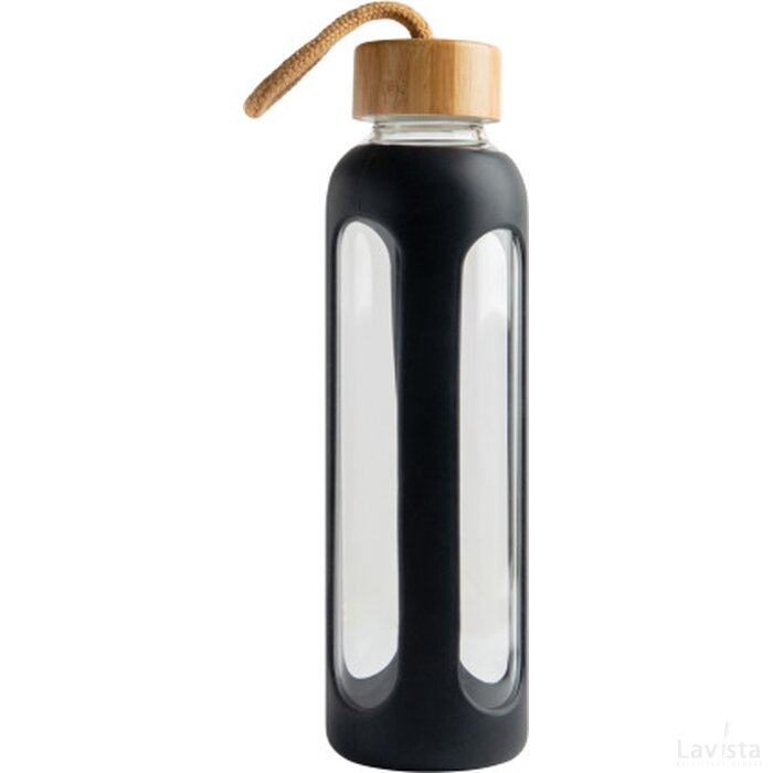 Glazen fles 600 ml met bamboe dop zwart