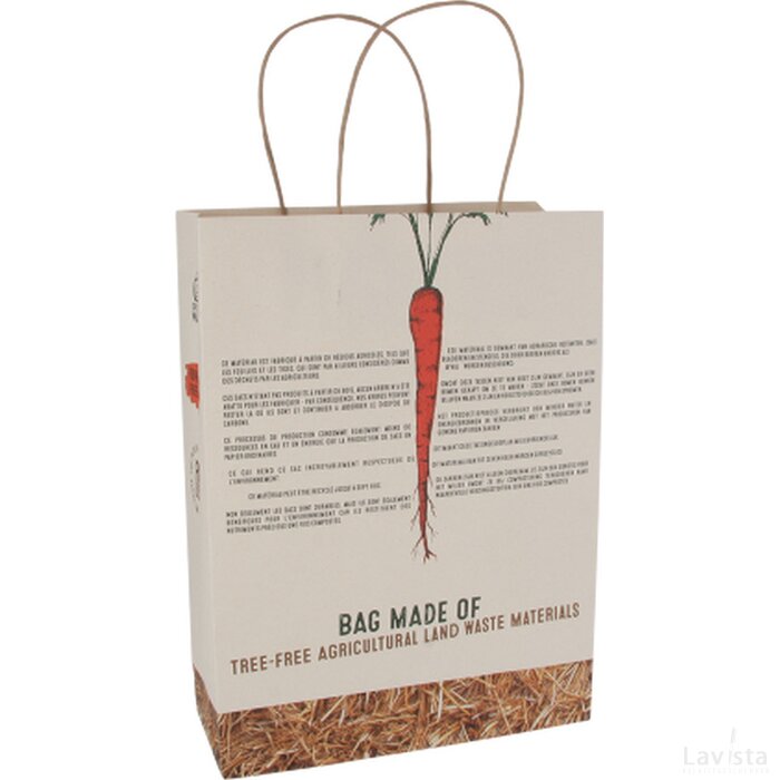 Draagtas van 100% boomvrij papier van agrarisch restmateriaal, 130 gsm, 180x90x230 mm. custom made