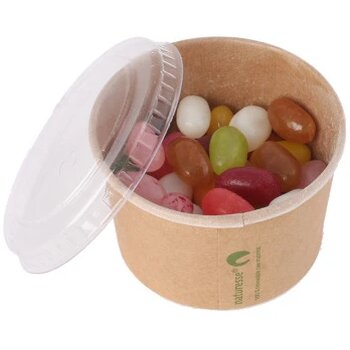 Snoeppot kraft karton met deksel 100 ml, gevuld met ca. 70 gr. DutchDex hartjes met natuurlijke smaak- en kleurstoffen ecru