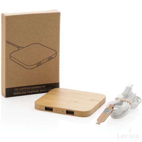 Bamboe 5W draadloze oplader met USB bruin