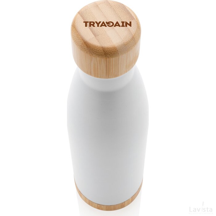 Vacuüm roestvrijstalen fles met bamboe deksel en bodem wit