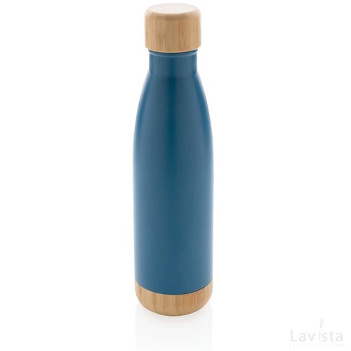 Vacuüm roestvrijstalen fles met bamboe deksel en bodem blauw
