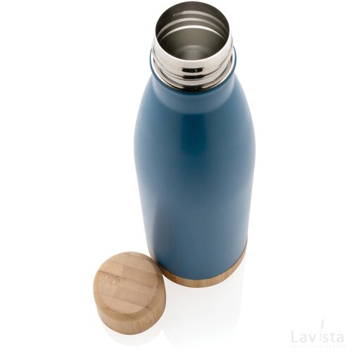 Vacuüm roestvrijstalen fles met bamboe deksel en bodem blauw
