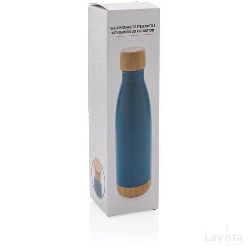 Vacuüm roestvrijstalen fles met bamboe deksel en bodem blauw