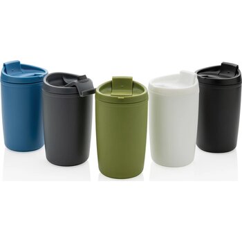 GRS gerecycled PP beker met klapdeksel zwart