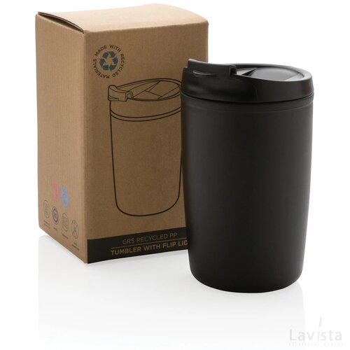 GRS gerecycled PP beker met klapdeksel zwart