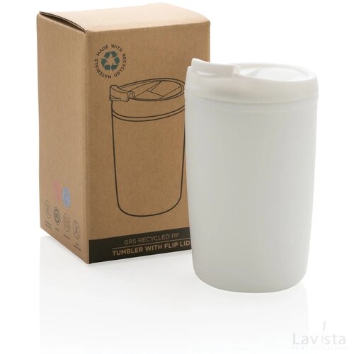 GRS gerecycled PP beker met klapdeksel wit