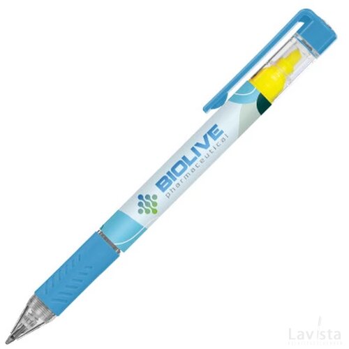 DELOS balpen Bright met gele textmarker in full colour all over bedrukt lichtblauw