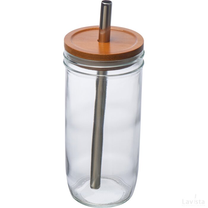 Drinkglas met bamboe deksel en rietje transparant