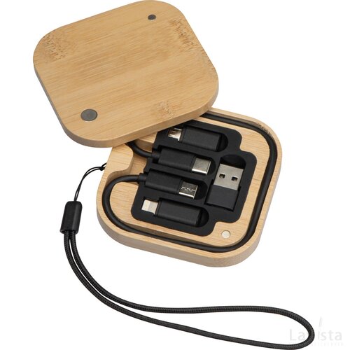 Kabel- en adapterset in bamboe doosje beige