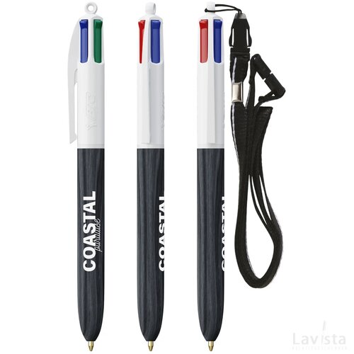 BIC® 4 Colours Wood Style met Lanyard wit/zwart