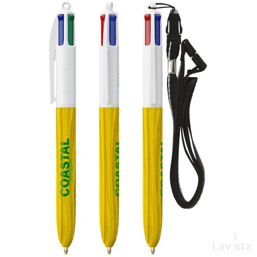 BIC® 4 Colours Wood Style met Lanyard wit/geel